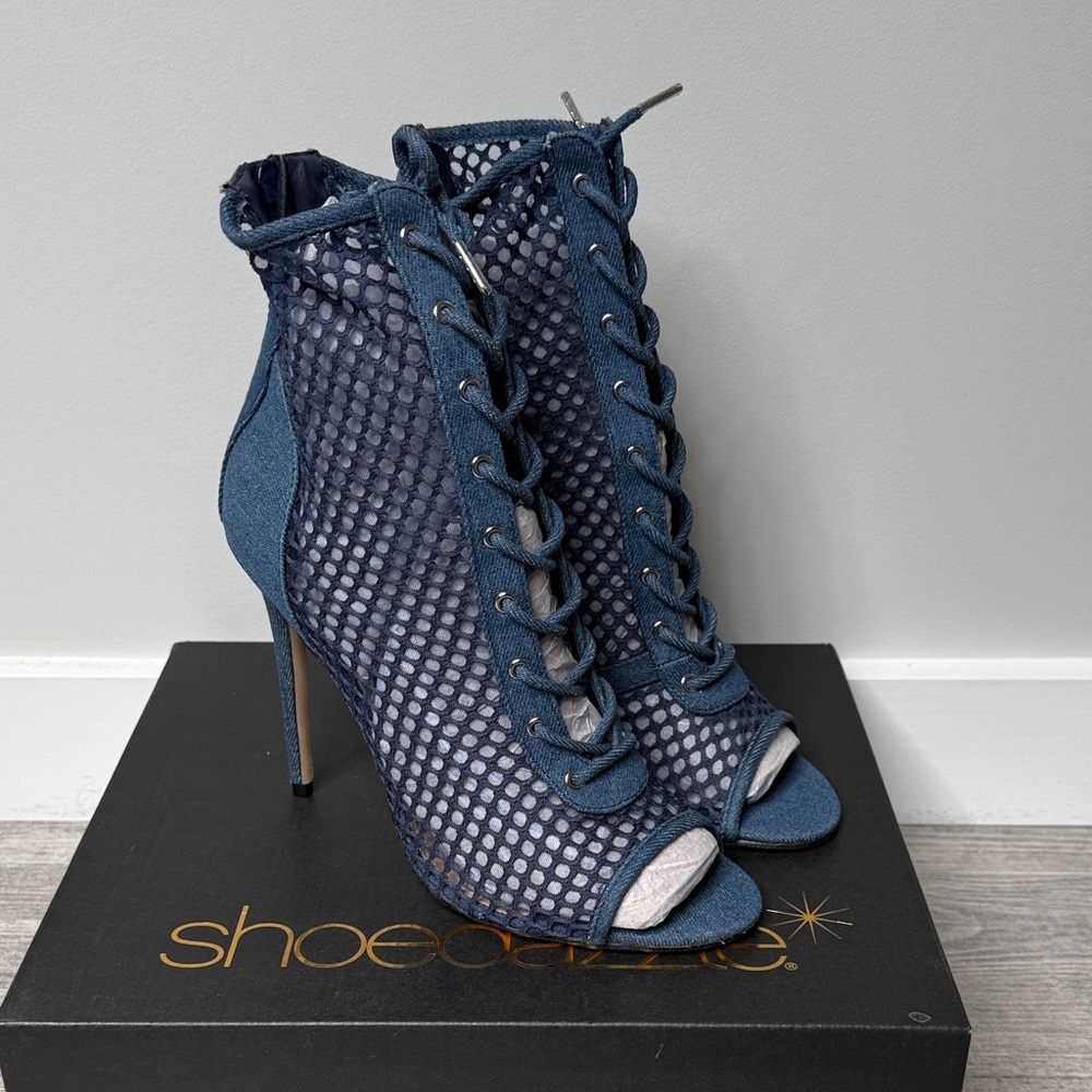 Shoe Dazzle Navy Mesh Lace-Up Peep Toe Stiletto Booties New in Box